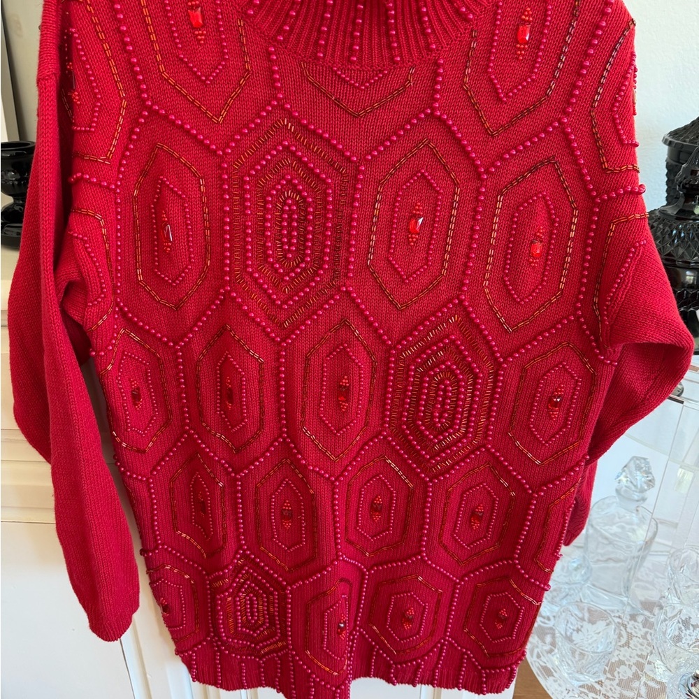 Vintage Victoria Jones Chic Red Beaded Turtleneck Sweater
